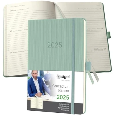 Immagine di SIGEL C2572 Conceptum Agenda settimanale 2025, circa A5, verde, copertina rigida, 2 pagine = 1 settimana, 192