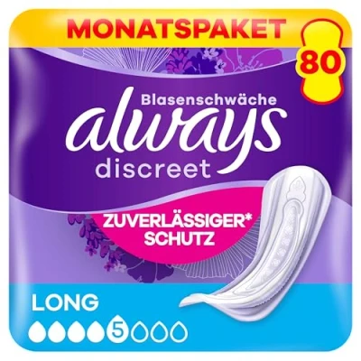 Immagine di Always Discreet Assorbenti per incontinenza Long, 80 fasce (4 x 20 pezzi), confezione mensile, protezione discreta e elevata assorbenza, neutralizzanti gli odori (la può variare)