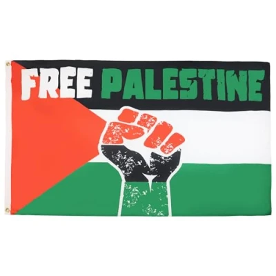 Immagine di AZ FLAG bandiera Palestina sollevata pugno 1,5 x m 100D poliestere palestinese con due occhielli in metallo Resistente allo sbiadimento Colori vivaci 3 &#039;x 5&#039; piedi 150 90