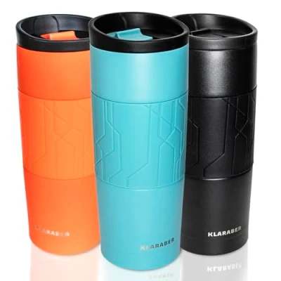 Immagine di tazza da caffè viaggio, isolata, riutilizzabile, a doppia parete, in acciaio inox, per bevande calde e fredde, 480 ml (blu)