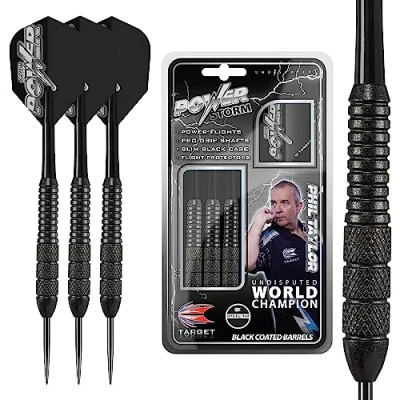 Immagine di Target Darts Phil Taylor Power Storm Black, Set di Freccette con Punta in Ottone e Acciaio 24G Edizione del Giocatore Custodia, per Principianti