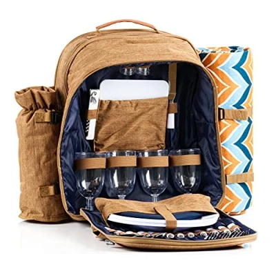 Immagine di CampFeuer Zaino da picnic per 4 persone (marrone) set 32 pezzi incluso supporto bottiglie e coperta in pile, grande scomparto termico, stoviglie posate