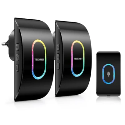 Immagine di TECKNET Campanello Senza Fili, Portata 400m 60 Melodie e 5 Livelli di Volume Indicatori LED de Esterno IP65 Impermeabile Campanelli Wireless (Nero RGB, 1 Trasmettitore + 2 Ricevitori)
