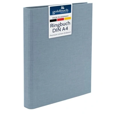 Immagine di goldbuch 37 213 raccoglitore ad anelli, formato A4, 32 x 27,5 4,5 cm, con meccanismo a 4 anelli e morsetto, DIN in lino, colore: grigio chiaro