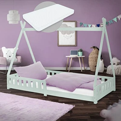 Immagine di ML Design Lettino per Bambini Tenda Indiana con Sponde Protezione Anticaduta Rete a Doghe 90 x 200 cm Letto da Gioco in Legno di Pino Massiccio Menta Materasso Sfoderabile Schiuma Fredda