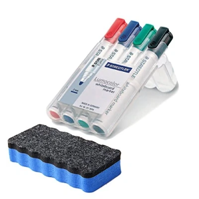 Immagine di Staedtler 351 WP4 Lumocolor Pennarelli per lavagna bianca, 4 pz, in scatola richiudibile, Diversi colori BONUS Pack con löscher, colori, 4er Marker Set + Löscher