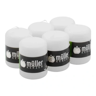 Immagine di Müller Candele Bianche a Colonna Cilindriche, Set di 6 Candele, Colore Bianco, dim. 57 x 81 mm, Lunga Durata 15 Ore, Cera Antigoccia, Inodore, Qualità RAL