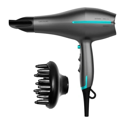 Immagine di Cecotec Asciugacapelli Ionic IoniCare 5300 Maxi Aura nero 2200 W, motore CA, funzione aria fredda, cavo da 1,8 m, include diffusore e concentratore,