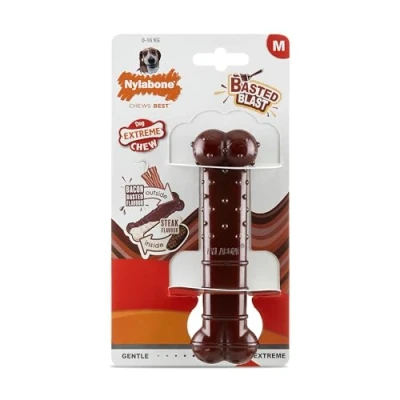 Immagine di Nylabone, Basted Blast, Gioco Per cani in nylon masticabile, Forma dell&#039;osso, Durevole, Gusto: pancetta e bistecca, Medio, fino a 16 kg, Confezione da 2