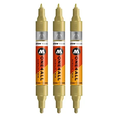 Immagine di Molotow One4All Acrylic Twin Marker (tratto 1,5 mm e 4 mm, altamente coprente permanente), 3 pezzi, colore oro metallizzato 228