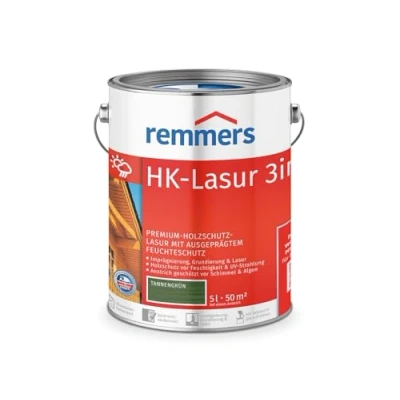 Immagine di Remmers vernice trasparente HK verde abete, 5 litri, decorativa premium per esterni, tripla protezione del legno con impregnante + fondo finitura, da umidità e raggi