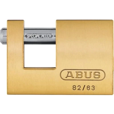 Immagine di ABUS Lucchetto in ottone 82/63 monoblocco per griglie a rullo, distributori automatici, contenitori e molto altro. Bullone di bloccaggio acciaio temprato Livello sicurezza 6