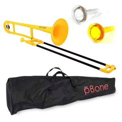Immagine di trombone pBone, in plastica ABS (tubi di scorrimento fibra vetro, campana da 8&quot;, foro 12,7 mm, bocchino con gambo stretto, borsa inclusa), giallo