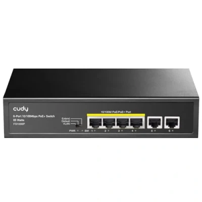 Immagine di Cudy Switch Poe+ 6 Porte 10/100Mbps, 60W, 4 Poe/Poe+, Unmanaged, modalità CCTV, VLAN, No Alimentazione Aggiuntiva, FS1006P