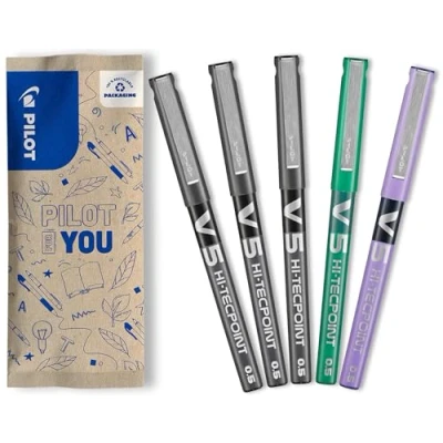 Immagine di PILOT Set di 5 V5 Penna roller con Inchiostro liquido e Punta Fine per una scrittura fluida precisa Asciugatura rapida, non sanguina 3 Nero, 1 Verde, Viola (0,5 mm)
