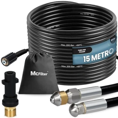Immagine di Tubo flessibile per la pulizia dei tubi, 15m, 160 200 bar, adattatore incluso, ugelli rigidi + rotanti, compatibile con le idropulitrici K2, K3, K4, K5, K6, K7