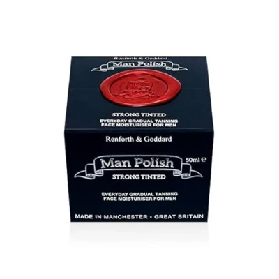 Immagine di Man Polish Strong Tinted (colorazione intensa) Prodotta nel Regno Unito Crema viso idratante da uomo di alta qualità, autoabbronzante graduale, 50 ml