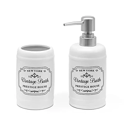 Immagine di Inbagno Set Accessori Bagno in Ceramica Bianca con Stampe a Contrasto Nere, Stile Vintage, Completo di Dispenser Sapone e portaspazzolini