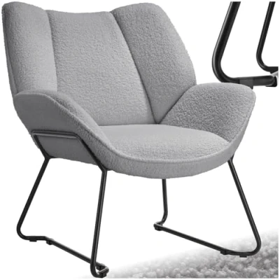 Immagine di TecTake® Poltroncina in Stile Scandinavo, Poltrona Camera da Letto Tessuto Bouclé, Sedia Ergonomica con Telaio Acciaio, Cucina Antiscivolo, Carico Max. 120Kg Grigio Chiaro