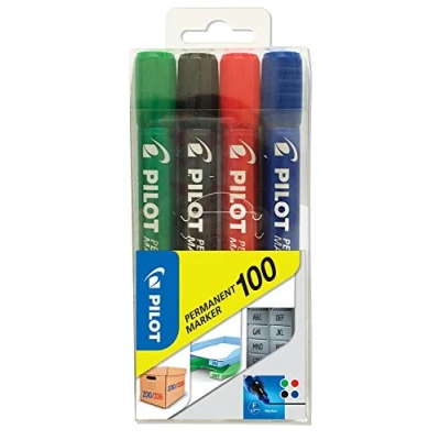 Immagine di Pilot Permanent Marker 100 mit Rundspitze, 4er Set (Blau, Schwarz, Rot, Grün)