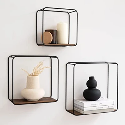 Immagine di Kazai. Mensole da Muro Design Jona Scaffale Metallo a 3 Parti con Impiallacciatura in Vero Legno Decorazione della Parete, Libreria Scaffale, per Camera Letto, Bagno, Cucina Noce