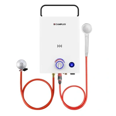 Immagine di CAMPLUX F10 Scaldabagno a Gas Istantaneo 10 Litri con Maniglia, Butano/Propano, 28 37mbar, per Doccia Esterna/Campeggio, First Serie