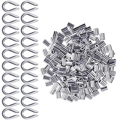 Immagine di Manopole in Alluminio 200 pz per Cavo Metallico 2mm Diametro Ditali Doppio Puntale Crimpatura + 20 pezzi M2 304 Acciaio Inossidabile Ditale (Tono Argento)