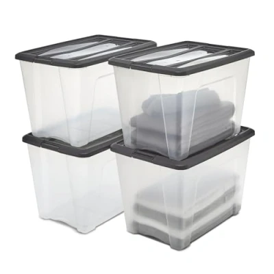 Immagine di Iris Ohyama Scatole Portaoggetti in Plastica con Coperchio, 60L, Lotto di 4, Nero, Clip Bloccaggio, Empilabile, Maniglia, Per Camera, Armadio, Ufficio, Organizzatore, Senza BPA Plastica, NTB 60