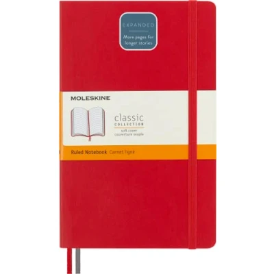 Immagine di Moleskine Classic Notebook Expanded, Taccuino a Righe, Copertina Morbida e Chiusura ad Elastico, Formato Large 13 x 21 cm, Colore Rosso Scarlatto, 400 Pagine