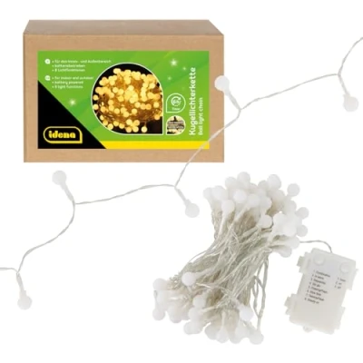 Immagine di Idena 30523 Catena luminosa a sfere LED con 100 in bianco caldo, per uso esterno e interno, lunghezza circa 10,2 m, funzione timer di 6 ore, 8 funzioni luminose, funzionamento batteria