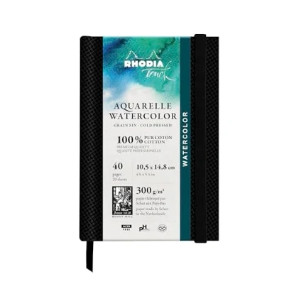 Immagine di Rhodia 116139C taccuino ad acquerello, 300 g/m, 100% cotone, a grana fine, formato A6, 40 pagine, rigido Watercolor Book Touch