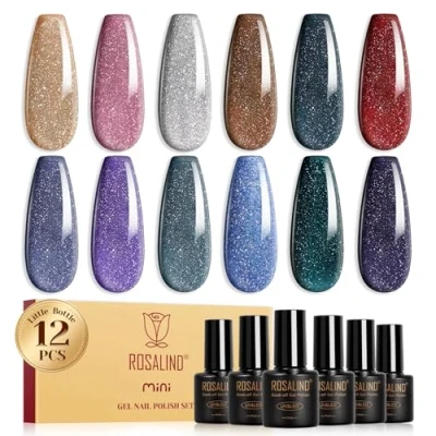 Immagine di ROSALIND Smalto Semipermanente Glitter, 12 Colori Glitterato Marrone Argento Rosa Nero Rosso Viola Smalti Semipermanenti per Unghie,Soak Off Mini UV/LED Brillantini Gel Unghie Nail Art Manicure