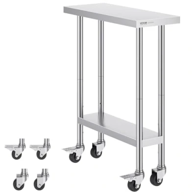 Immagine di VEVOR Tavolo da Lavoro in Acciaio Inossidabile 762 x 305 954 mm, con 4 Ruote, 3 Livelli di Altezza Regolabili, Resistente per Preparazione Alimenti Ristoranti Cucina Commerciale, Argento