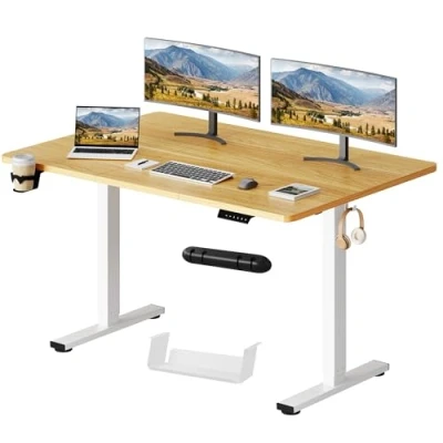 Immagine di SANODESK Scrivania Rgolabile 140*60cm Elettrica (con Gancio/Portabottiglie), in Piedi, Standing Desk, Regolabile Altezza con Tavola, Funzione di memoria, per Lavoro/Casa（Maple）