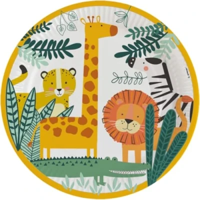 Immagine di amscan 9909345 66 Piattini Get Wild, 8 pezzi, diametro 23 cm, carta Safari, piatti di carta, per feste, stoviglie usa e getta, compleanno bambini