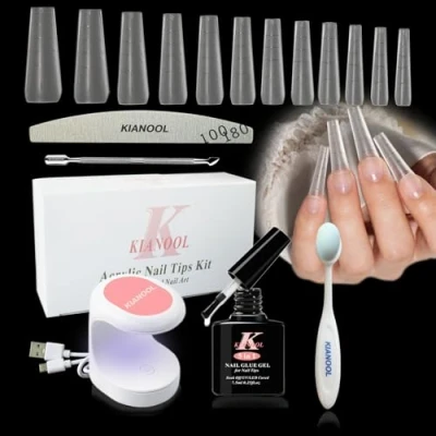 Immagine di Tip in Gel Unghie Finte Kit, 420 Pezzi Dual Form Con Linee Ausiliarie, Mini Lampada UV, Colla Gel, Coffin Mandorla Ricostruzione, 12 Taglie Soft Tips per
