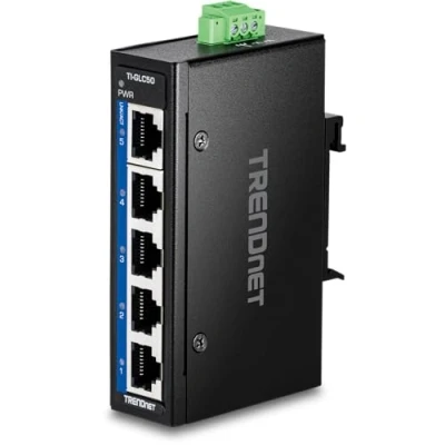 Immagine di TRENDnet Mini switch industriale a 5 porte Gigabit DIN Rail, TI GLC50, Gigabit, temperatura estrema IP30, capacità 10 Gbps, nero