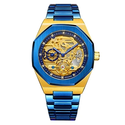 Immagine di Tourbillon Design Orologio da polso uomo analogico automatico in acciaio inossidabile, Blu Oro