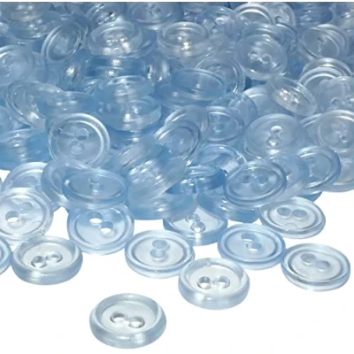 Immagine di AERZETIX C56361 Set di 100 Bottoni rotondi per cucito Ø11.5x2.2mm con 2 fori diametro apertura 2mm colore blu chiaro trasparente in plastica hobby creativo decorazione cucire merceria moda