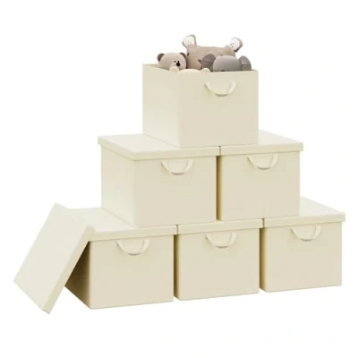 Immagine di WOLTU Scatola Portaoggetti Pieghevole, Set di 6 Ceste in Tessuto, Cubo con Coperchio e Maniglie, per Vestiti, Libri Giocattoli, Crema, 48x30x36 cm, ABB04cm