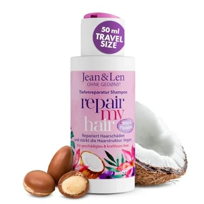 Immagine di Jean &amp; Len Shampoo Repair all&#039;olio di cocco, macadamia, per capelli danneggiati e deboli, ripara i fragili, 50 ml formato viaggio, 1 pz.