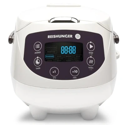 Immagine di Reishunger Mini Cuociriso Digitale Vaporiera Multifunzione Bianco Fino a 3 Persone Con 8 Programmi, Tecnologia 7 Fasi, 0.6L Display LED e Funzione di Mantenimento del Caldo