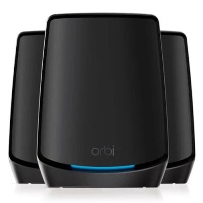 Immagine di NETGEAR Orbi Rete Mesh WiFi 6 RBK863SB Kit da 3 nero Router con 2 satelliti, copertura fino a 540 m², 100 dispositivi, porta 10G, Armor Cybersecurity incluso