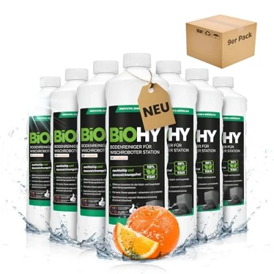 Immagine di BiOHY detergente per pavimenti robot, stazione con profumo arancione (9 x 1 litro), concentrato tutti i tipi di pulizia e robot aspirapolvere funzione bagnata, braccio