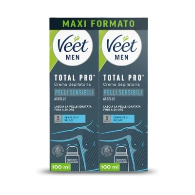 Immagine di Veet Men Crema Depilatoria Uomo per Ascelle Pelli Sensibili con Applicatore Ergonomico, Dermatologicamente Testata, 2x100 ml