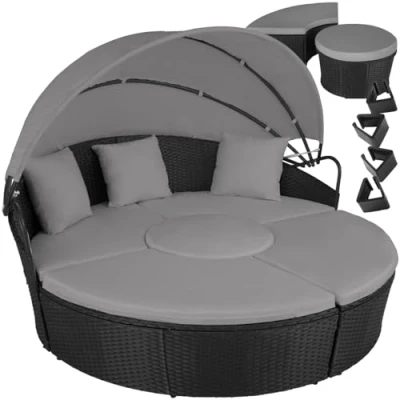 Immagine di TecTake® Isola Prendisole in Rattan, Divano da Esterno con Tettuccio Parasole Pieghevole, Morbidi Cuscini, Componibile, Tavolino e Lettino, Resistente ai Raggi UV, per Giardino Nero