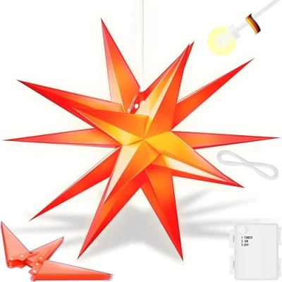 Immagine di KESSER® Stella luminosa 3D 35 cm, di Natale a LED con timer per interni ed esterni, dell&#039;Avvento sospesa illuminata + luce bianca calda
