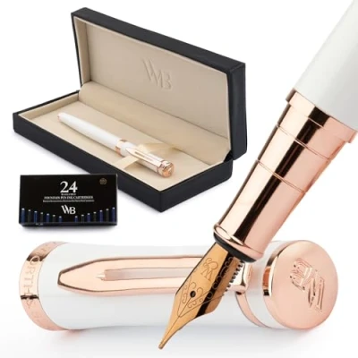 Immagine di Wordsworth &amp; Black Set di penne stilografiche medie in oro 18 carati, con 24 cartucce d&#039;inchiostro, convertitore a pistone e confezione regalo, colore oro, calligrafia, rosa bianco