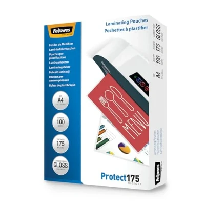 Immagine di Fellowes Pouches per plastificazione documenti, formato A4, Finitura lucida, confezione da 100 pezzi, 350 micron, 2x175 di alta qualità, adatti menù e avvisi