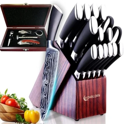 Immagine di ChefHoablorn Set di coltelli da cucina con portacoltelli, 15 pezzi professionali in acciaio inox Damasco affilacoltelli incorporato e confezione regalo per il vino